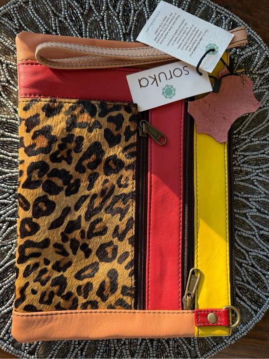 Soruka Handbags - Soruka Vegan  Leopard-Panel Wristlet Clutch in Red, Yellow & Tan OOAK